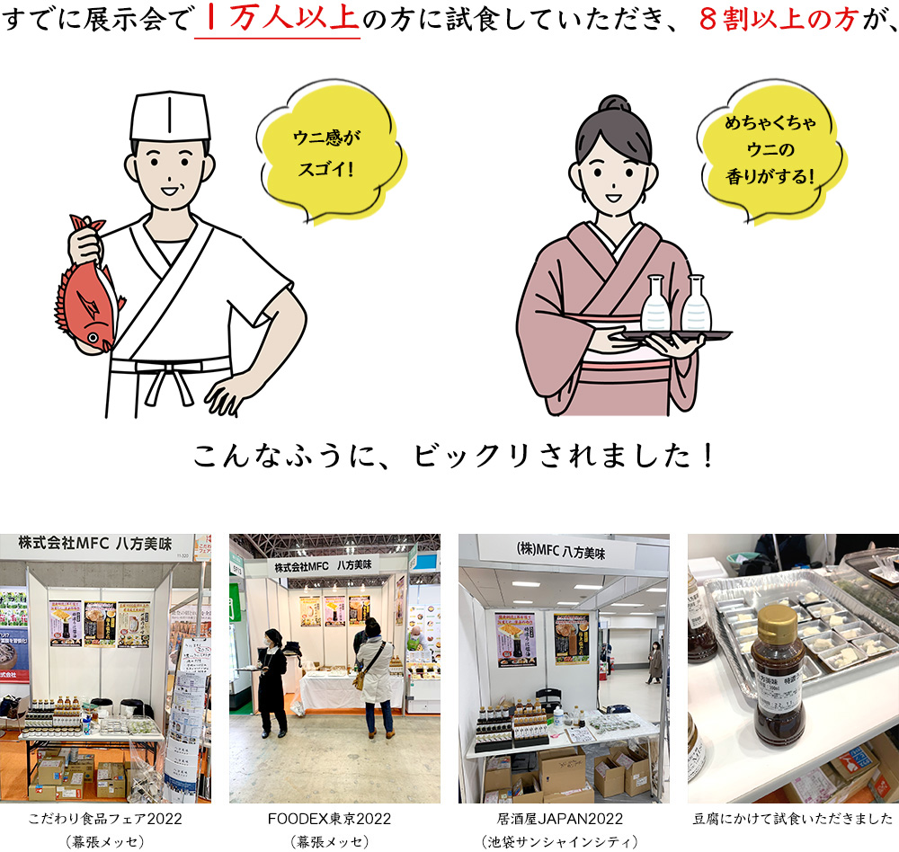 すでに展示会で１万人以上の方に試食していただき、８割以上の方が、と本当に驚かれました。