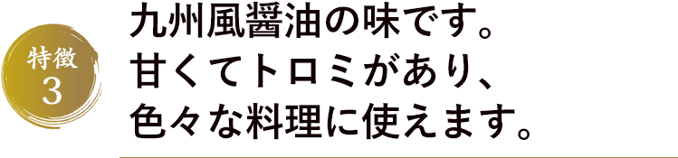 特徴３　九州風醤油の味です。甘くてトロミがあり、色々な料理に使えます。